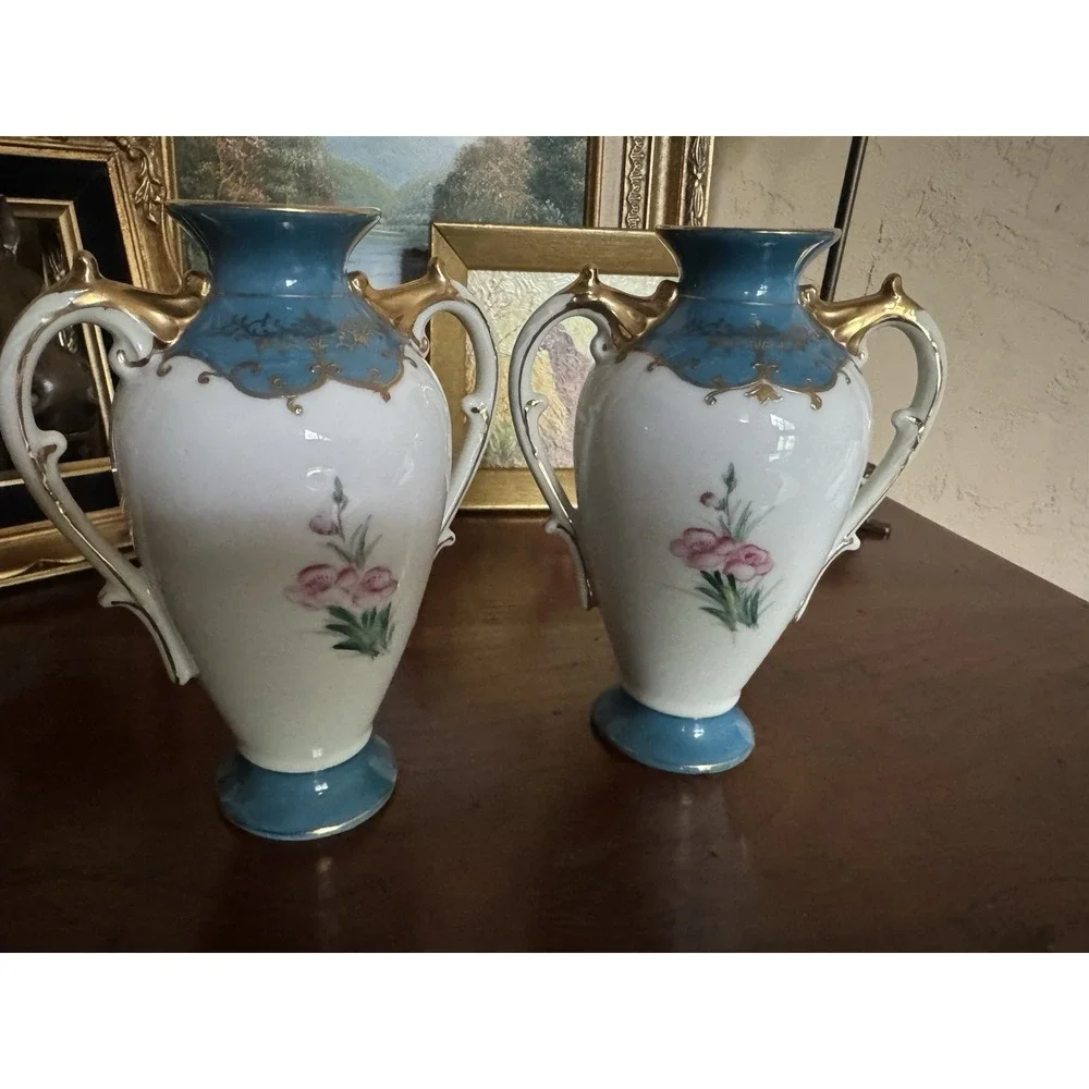 Vintage Japan Porcelain Mantle Vases Pair Hand Painted Blue Gold Gilt Floral 6